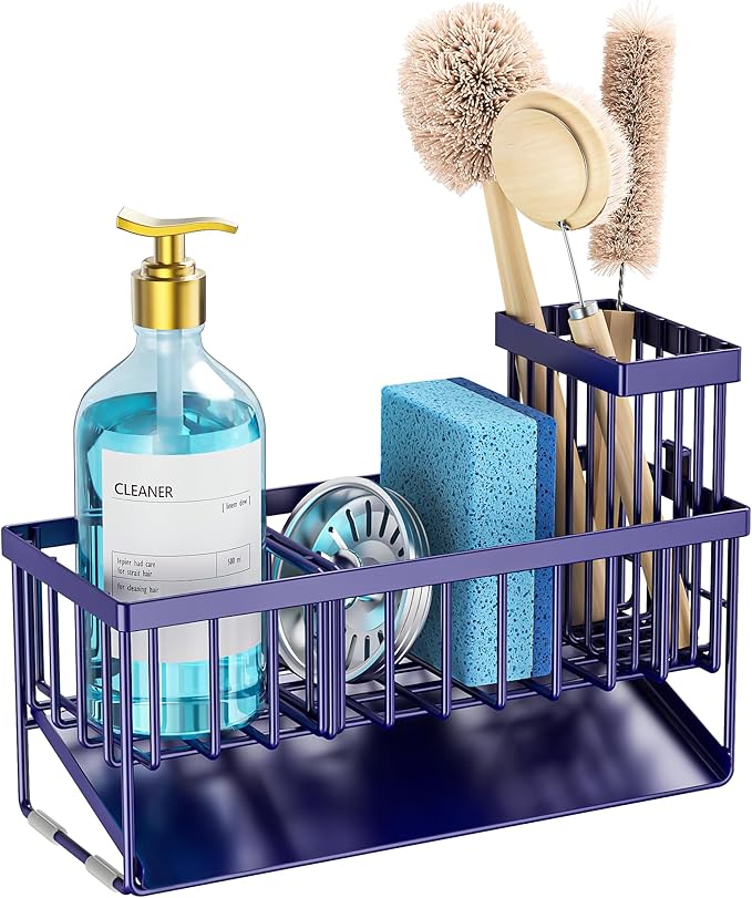 Cisily Navy Blue Sink Caddy Organzier with High Brush Holder, Sponge Holder for Sink, 304 Rustproof Stainless, Kitchen Counte
