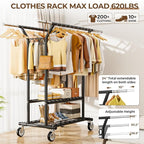 HYSEYY Heavy Duty Clothes Rack, Rolling Clothing Rack With Shelves Load 620 LBS, Double Rod Clothing Racks for Hanging Clothe