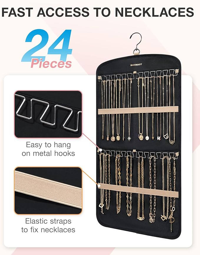 BAGSMART Hanging Jewelry Organizer, Necklace Holder Anti-tangle Earrings Rings Hanger with 10 Jewelry Bags Travel Storage Rol