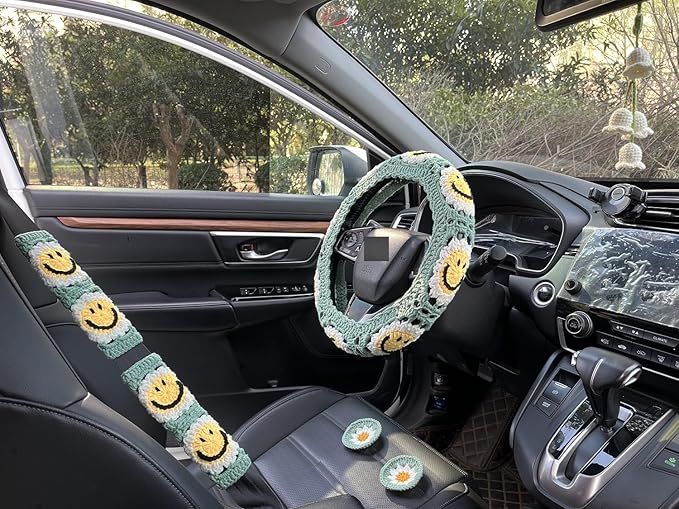 Handmade Crochet Sun Car Steering Wheel Covers Universal 14-15 inch,Cute Steering Wheel Cover,Car Accessories (Sun Wheel Cover+2belt Cover+2Coaster+Hanging)