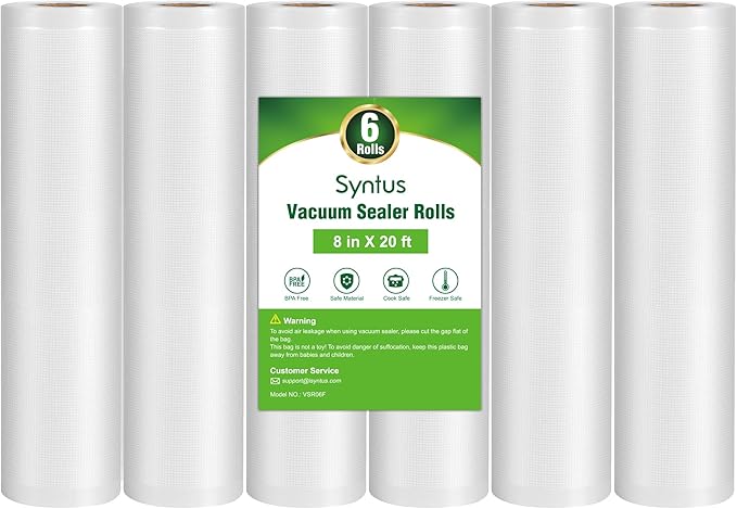 Syntus Vacuum Sealer Bags for Food, 6 Rolls 8" x 20' Commercial Grade Bag Rolls, BPA Free Food Vac Bags for Storage, Meal Pre