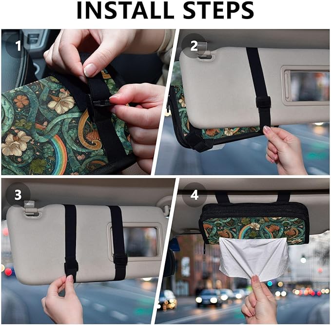 Car Tissue Holder Car Visor Organizer Tissue Box Holder for Car Sun Visor Organizer with Car Vehicle Accessories Essentials Interior for Women Men Teal Vines Flowers Rainbow St.Patrick