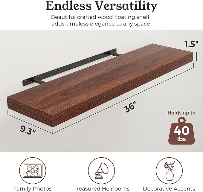 Floating Shelves for Wall, 9.3" Deep Wall Mounted Wood Shelves for Bathroom, Bedroom, Living Room, Kitchen, Hanging Shelf for