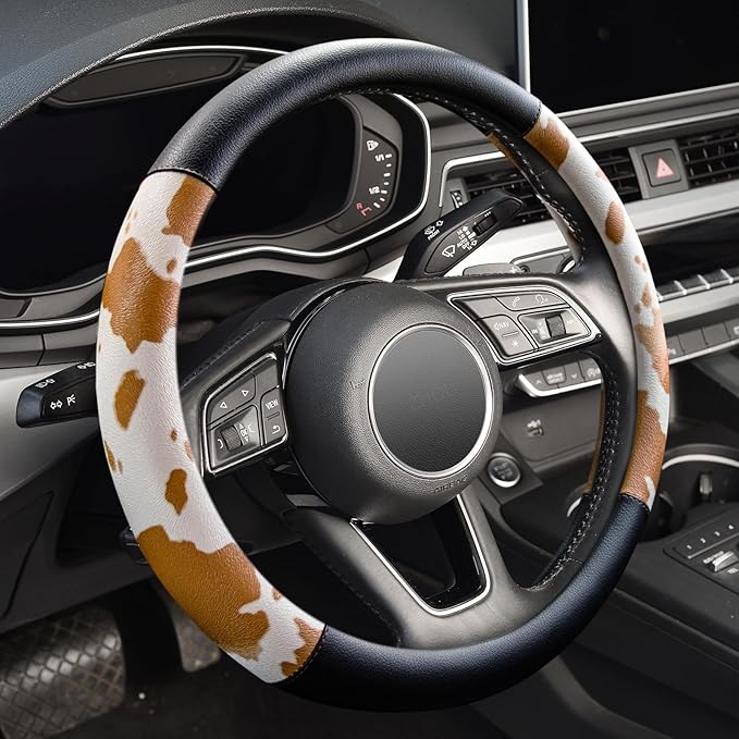 Cow Print Car Steering Wheel Covers, Breathable Microfiber Leather for Women and Men, Universal 15 inch Anti-Slip Steering Wh