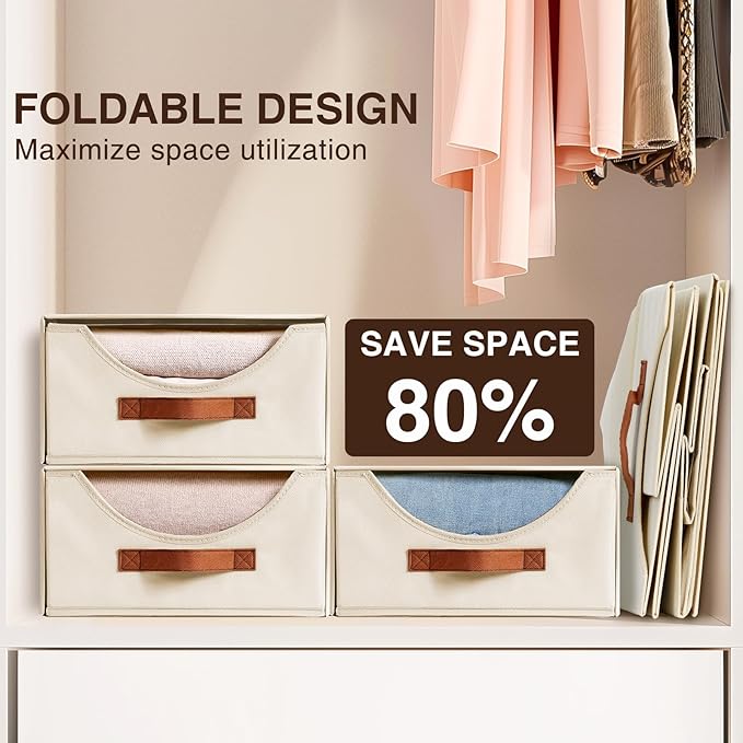 Homsorout Stackable Storage Drawers - Large Collapsible Storage Bins with Drawers, 4 Pack Closet Shelf Organizer Basket, Fabr