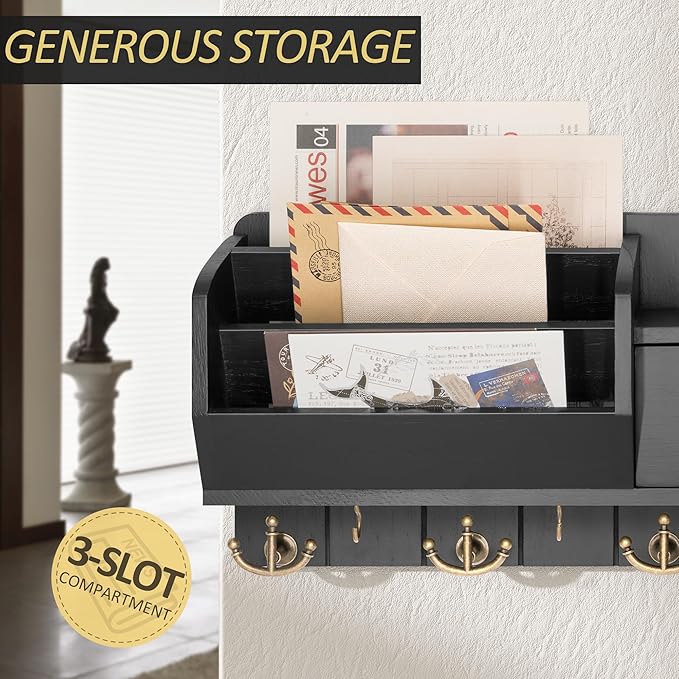 Rebee Vision Key Holder Wall Mount with Mail Sorter - Decorative Mail Organizer for Wall with Key Hooks and Drawer Organizer 