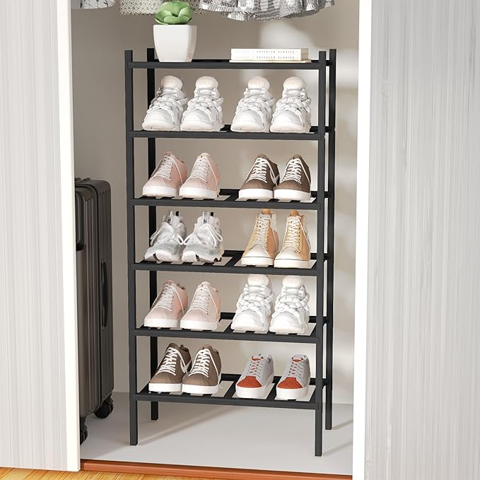 ROMGUAR CRAFT 6-Tier Bamboo Small Shoe Rack, Free Standing Wood Shoe Shelf Storage Organizer for Closet Entryway Stackable (B