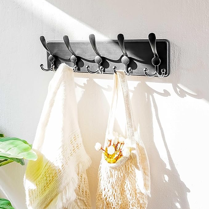Dseap Coat Rack Wall Mounted - 5 Tri Hooks, Heavy Duty, Wooden Wall Coat Hanger Coat Hook for Clothes Hat Jacket Clothing, Bl