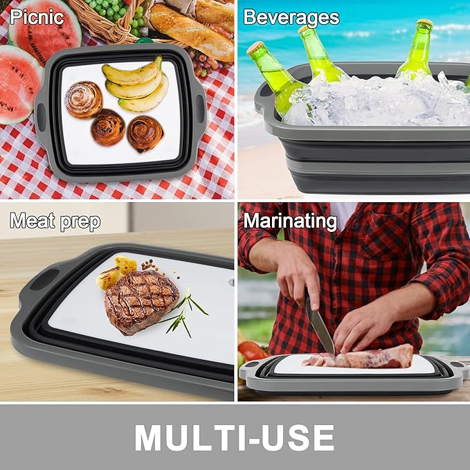 Collapsible Cutting Board with Container, Foldable Camping Sink with Colander, BBQ Prep Tub with Lid, Multifunction Dish Basi