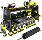 KSVO Power Tool Organizer Wall Mount with Drill Holder, Grinder Bracket, Hammer and Pliers, Locking Drawer, 6-Outlet Charging