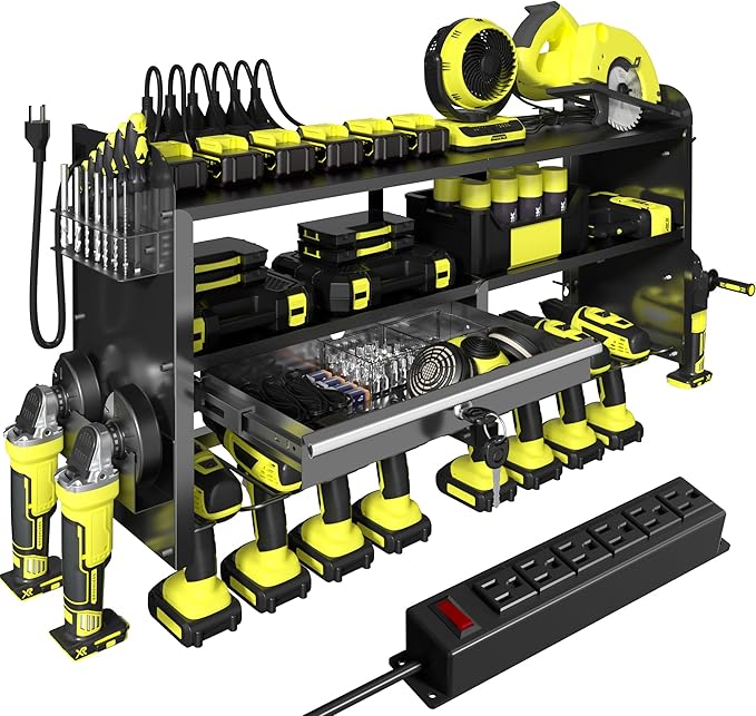 KSVO Power Tool Organizer Wall Mount with Drill Holder, Grinder Bracket, Hammer and Pliers, Locking Drawer, 6-Outlet Charging
