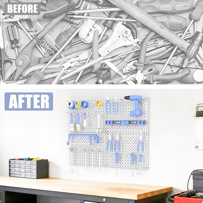 WALMANN 12 x 16 in Metal Pegboard Panels and Hooks for Garage, Tool Organizer Pegboard with Hook - Compatible with 1/8" & 1/4