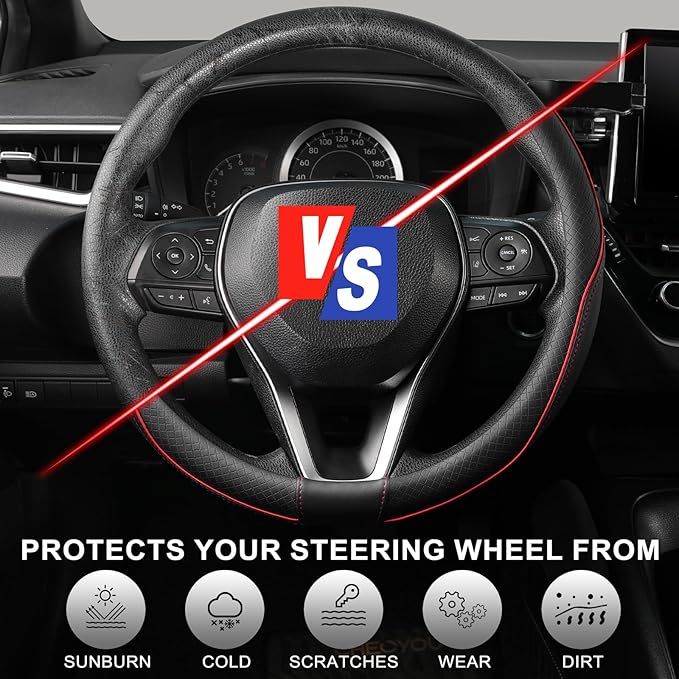 SEG Direct Steering Wheel Cover 14.5-15 inch (37-39 cm) Medium Size, Microfiber Leather, Non-Slip Comfortable Grip, Fits Cars