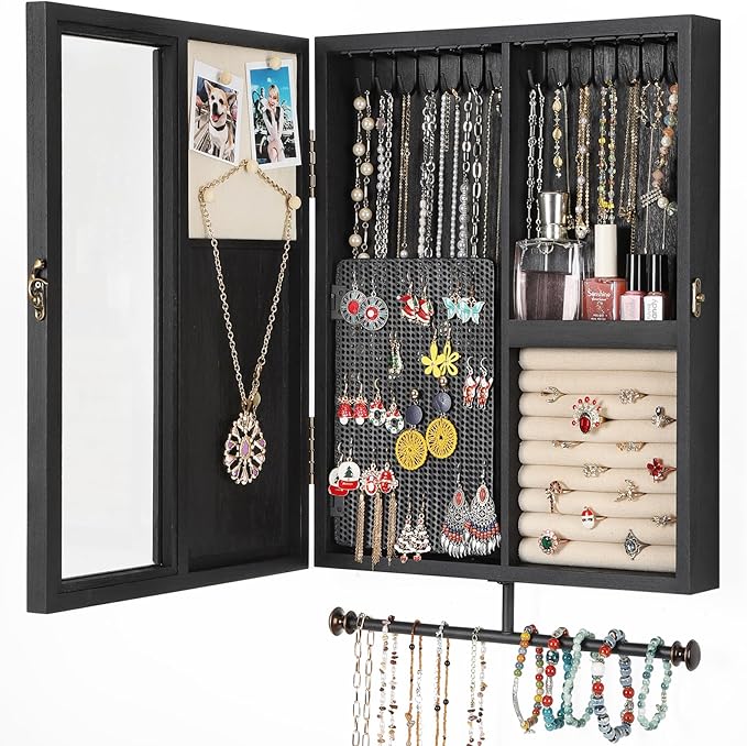 Keebofly Wall Mounted Jewelry Organizer With Rustic Wood Large Space Jewelry Cabinet, Holder, Storage Box for Necklaces, Earr