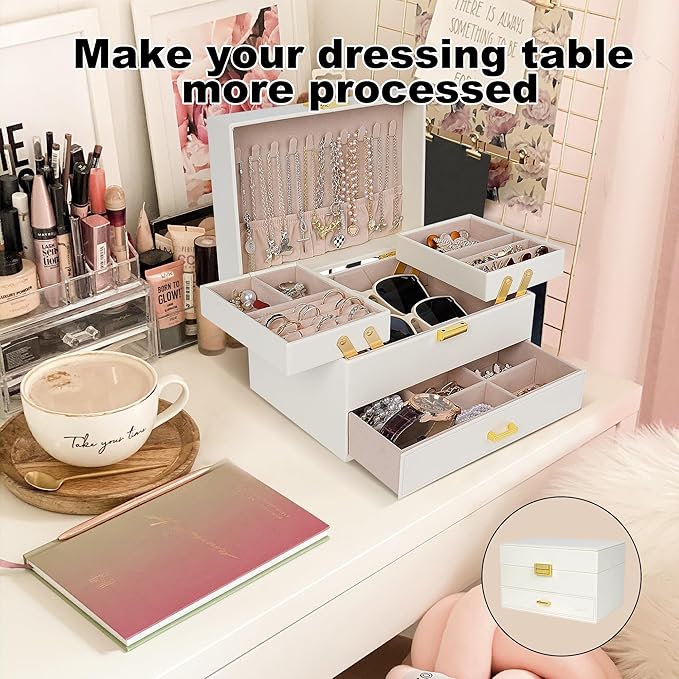 Dajasan Jewelry Organizer Box, Large Jewelry Boxes for Women Girls, Space-Saving 3 Layers Jewelry Storage Case with Drawer, M