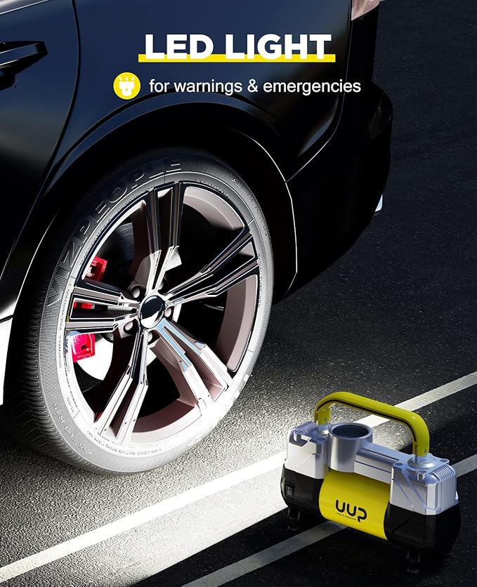 Tire Inflator Air Compressor, 150PSI 12V DC Double Cylinders Heavy Duty Portable Air Pump w/Emergency LED Light for Truck, SUV, Car, RV