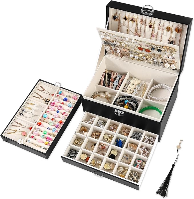 BOOVO Earring Jewelry Box For Women Girl Stud Organizer, 5 Layers Girl Jewelry Organizer Box With Lock Earring Holder Organiz