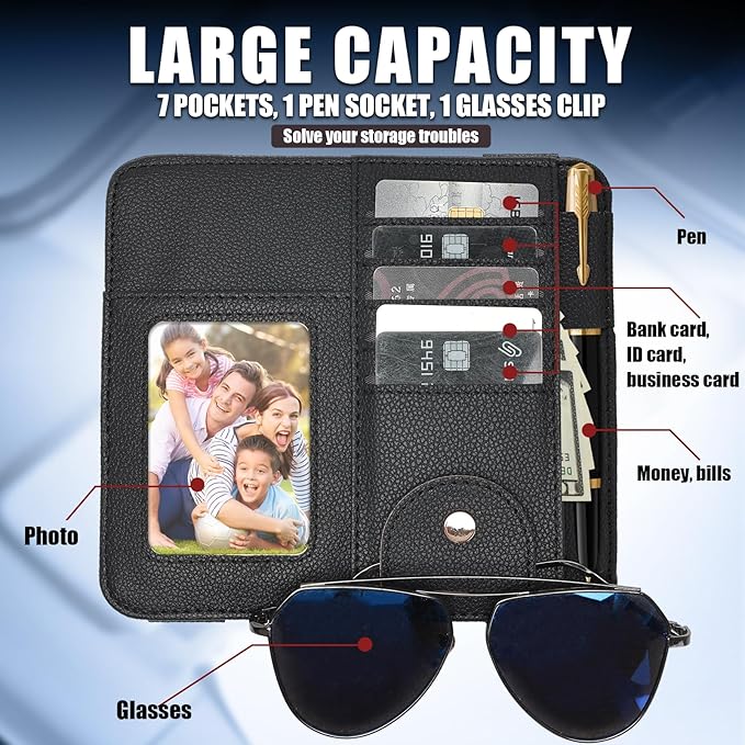 Visor Organizer, Black Sunglass Holder For Car, Sunvisor Organizers with Multiple Pockets and Picture Frame, Essential Car Interior Accessories for Women and Men