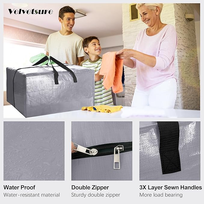 6 Pack Heavy Duty Extra Large Moving Bags W/Backpack Straps - Strong Handles & Zippers, Storage Totes For Space Saving, Fold 