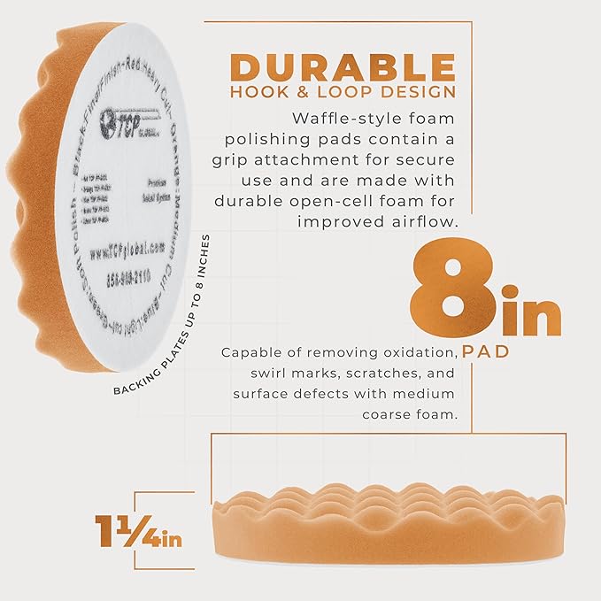 TCP Global 8" Orange Waffle Foam Buffing Pad Hook and Loop Backing - Coarse Buffing Pad for Polishing, Automotive, Marine, Truck, RV & Compound Cutting, Car Polishing Pads
