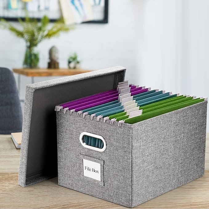 Hedume Set of 2 File Organizer Box, Collapsible Linen Filing Cabinets, Decorative Linen Filing Storage Hanging File Folders w