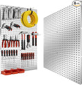Peg Board, 6PCS Metal Pegboard, Heavy Duty Pegboard Wall Organizer with Frame. Silver Pegboard for Walls, Garage, Workbench, 