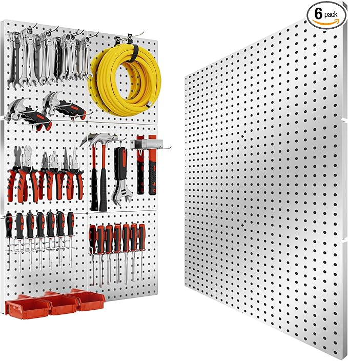 Peg Board, 6PCS Metal Pegboard, Heavy Duty Pegboard Wall Organizer with Frame. Silver Pegboard for Walls, Garage, Workbench, 