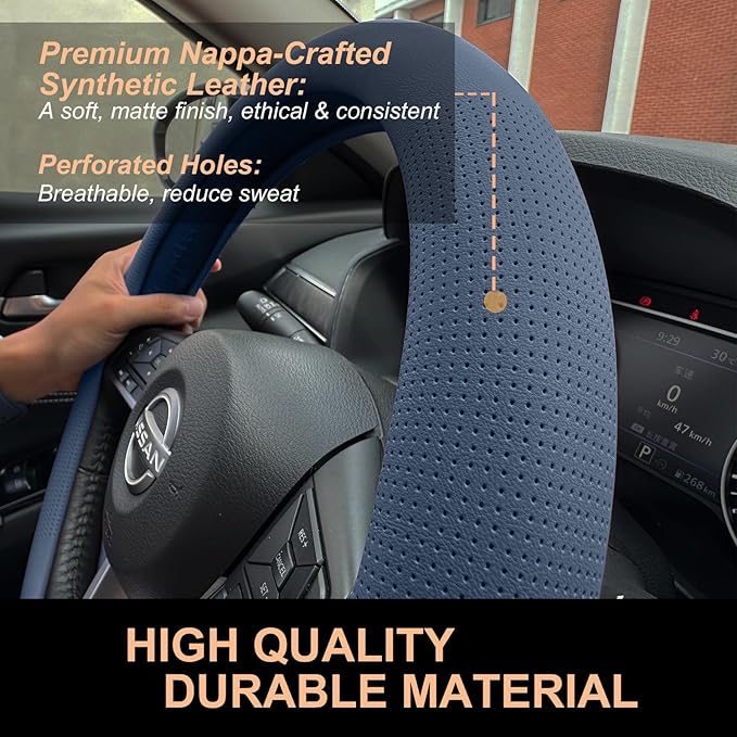 PINCTROT D Shaped Nappa Leather Steering Wheel Cover, Slim Fit No Bulk Design, One Piece Leather with Breathable Perforation,