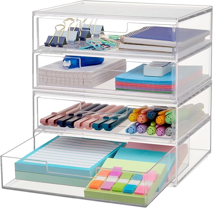 STORi Chloe Space-Saving Clear Drawer Organizer (4 Wide Drawers) Sort Office, Kitchen, Beauty Supplies, Makeup, Pens, Jewelry