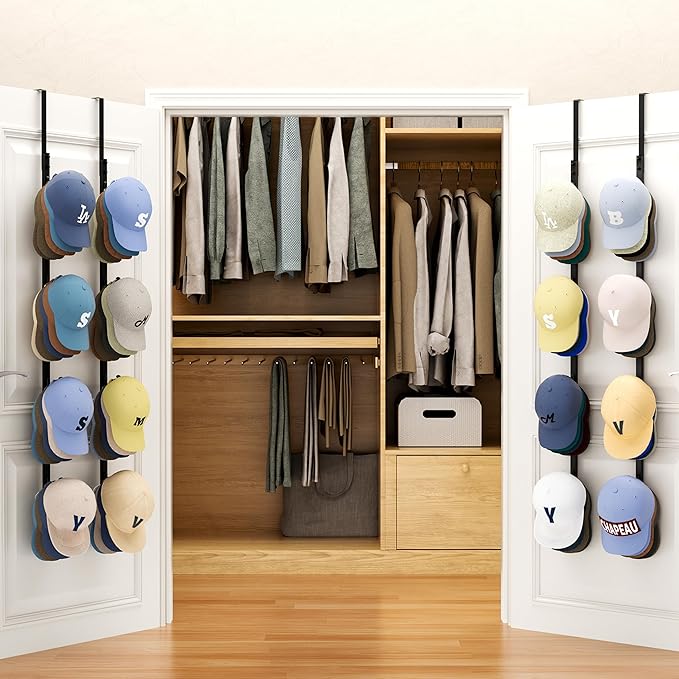 SWTYMIKI Over Door Hat Rack - 4 Packs Metal Hanging Hat Organizer with 16 Hooks Design, Baseball Cap Hanger Organizer Storage