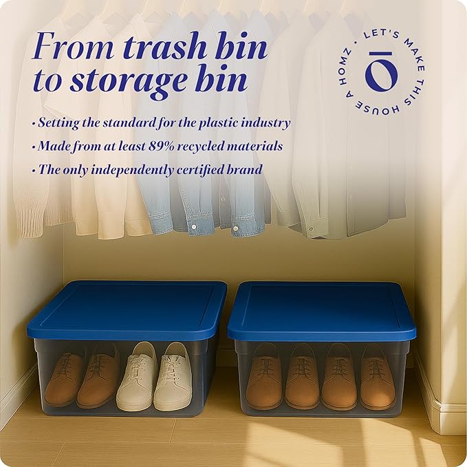 HOMZ 2-Pack Snaplock, Small Clear Plastic Storage Organizer Bins with Lids, 28 Quart, Blue - Stackable Container Boxes for Be