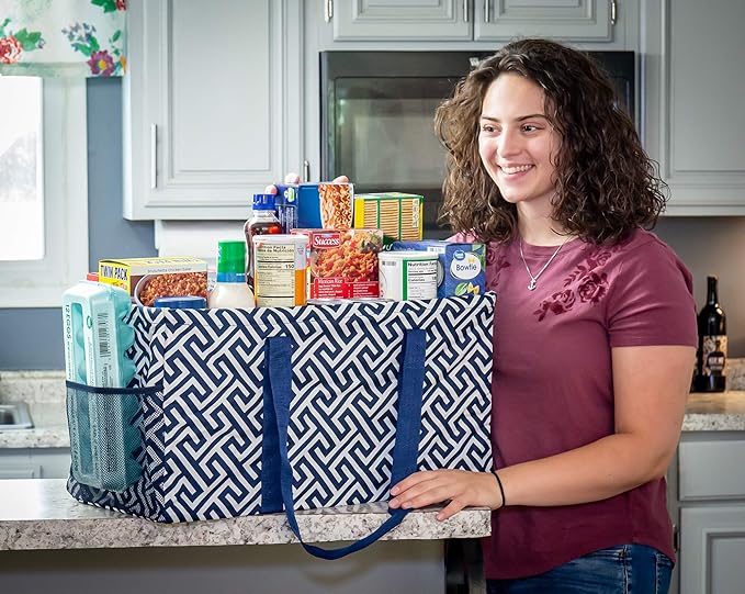 Extra Large Utility Tote Bag - Oversized Collapsible Reusable Wire Frame Rectangular Canvas Basket With Two Exterior Pockets For Beach, Pool, Laundry, Car Trunk, Storage - Geo Navy Blue