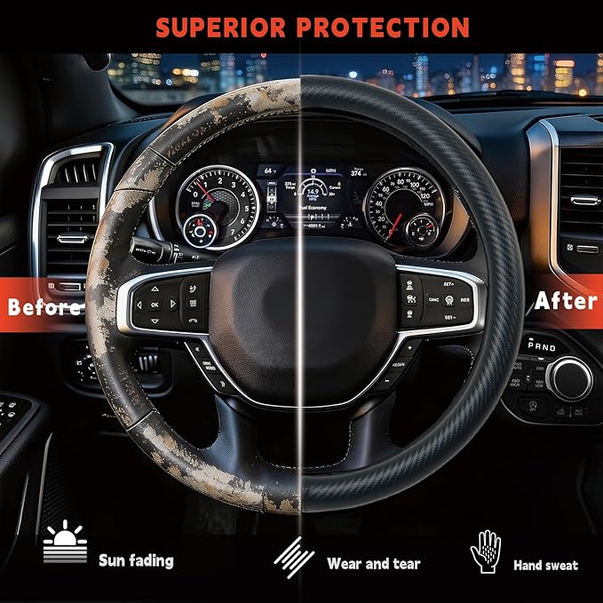 Steering Wheel Cover for Dodge Ram 1500, Ram 2500, Ram 3500, Fit 15.5-16" Wheels (Black-Full Carbon Fiber)