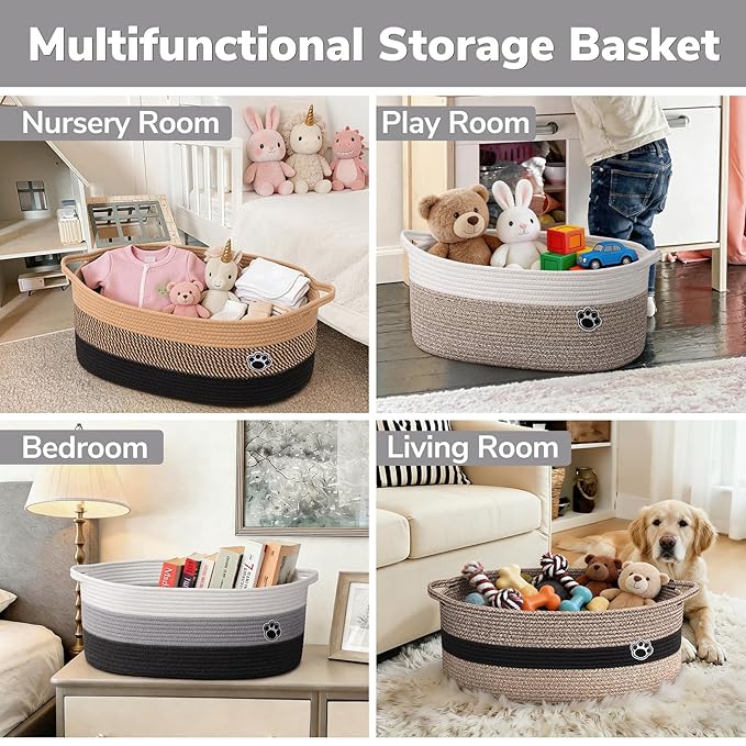 Large Dog Toy Basket, 19.7" X 11" X 7.9" Woven Baskets for Dog Cat Storage, Toy Basket with Handles for Nursery, Living Room,