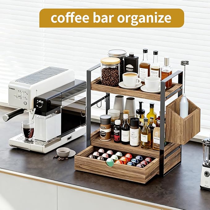 2-Tired Bathroom Counter Organizers and Storage, Bathroom Countertop Organizer with Drawer, Solid Wood Skincare Perfume Organ