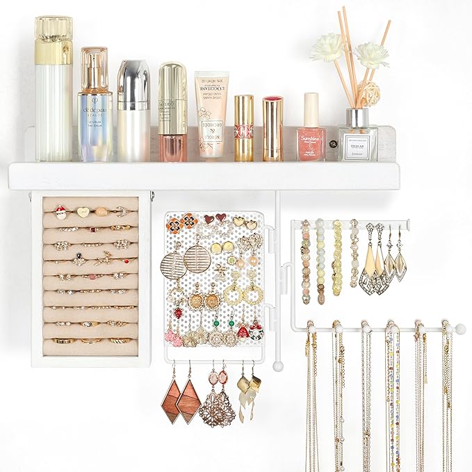 SOLIMINTR Hanging Jewelry Organizer Wall Mount with Rustic Wood Shelf, Ring Display Box, Ear Studs Earring Holder, Rotating N
