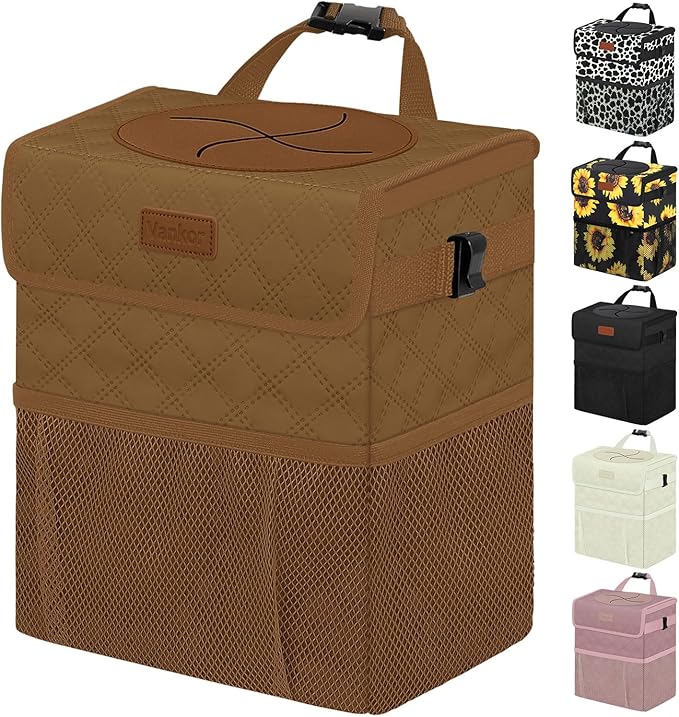 Car Trash Can for Cute, Bag Bin Hanging Waterproof Automotive Car Garbage Cans Leak Proof Vehicle Trash Can Diamond Pattern-Brown