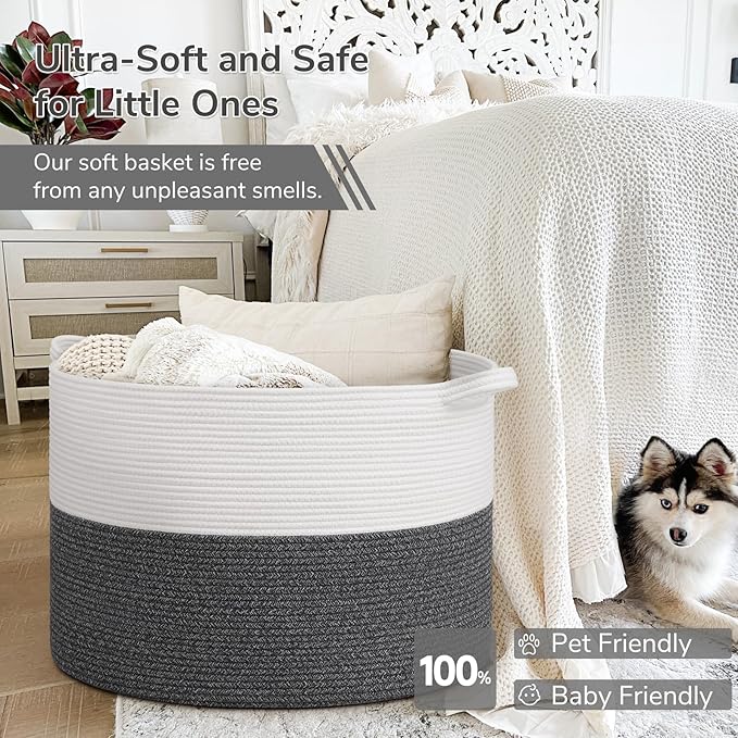 INDRESSME 115L Extra Large Cotton Rope Blanket Basket, Woven Baby Laundry Baskets for Clothes Pillows Towel, Toy Baksets for 