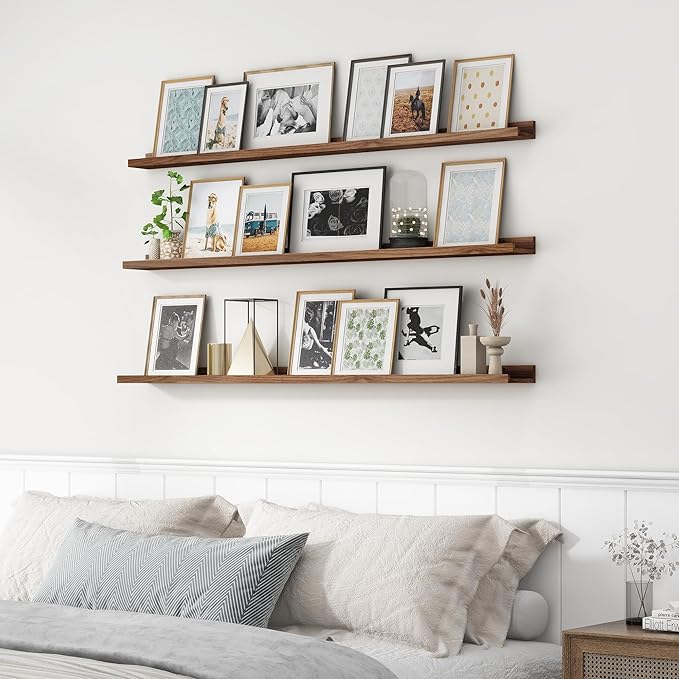 Axeman Picture Ledge Shelf | 55 Inch Walnut Floating Shelves Set of 3 | Rustic Wood Wall Shelves with Lip | 55" Walnut Pictur