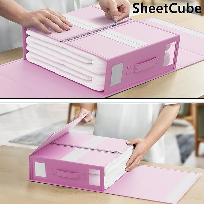 SUOCO SheetCube Bed Sheet Organizers and Storage 4 Pack, Foldable Linen Closet Organizer with Window and Label, Bedding Folde
