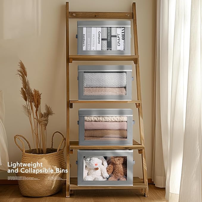 Homsorout Decorative Bins with Lids - Stackable Cube Bins for Closet, 3 Pack Clear Windows Fabric Organizer Bins, Home Organi