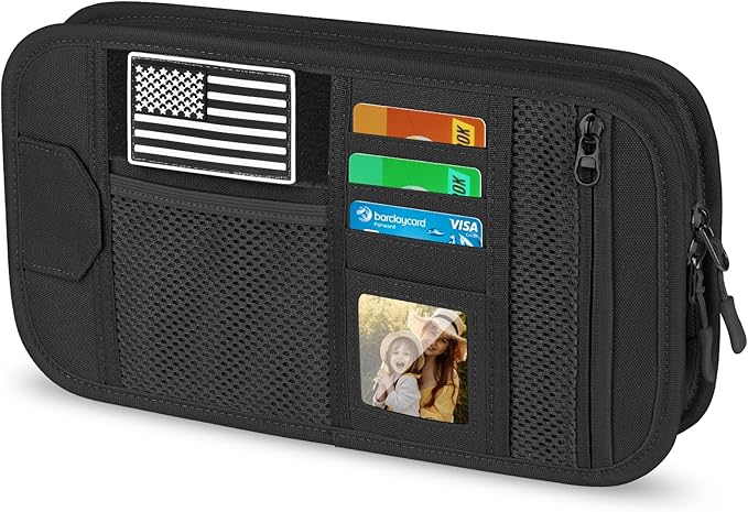 HUANLANG Car Sun Visor Organizer, Tactical Car Accessories with Zipper Storage Pouch, Glasses Clip Card Sleeve Pocket, Multi-Pocket Visor Organizer Fits Most Cars, SUVs, Trucks