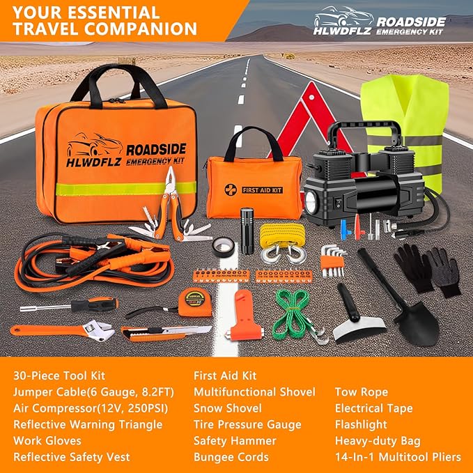 Car Emergency Kit with Portable Air Compressor - Roadside Assistance Emergency Kit with Jumper Cables, First Aid Kit, Auto To