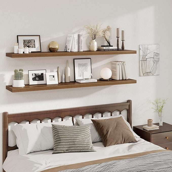 Fun Memories Walnut Deep Floating Shelves, 72 x 12 Inch Long Wall Shelves, Large Display Shelf & Storage Shelf, Wood Floating