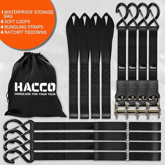 Ratchet Tie Down Straps, 2340lb Break Strength, 4pc 1inch x 16FT Tie Down Strap Set with Padded Handles & Coated S Hook W/Safety Clip, Cargo Strap Tie Down for Motorcycle, Truck (Black)