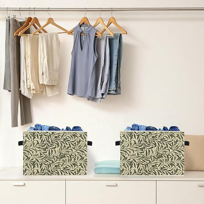 Green Willow Plant Storage Box Bins, Vintage Rustic Botanical Collapsible Storage Basket Organizer for Bedroom Laundry Room H