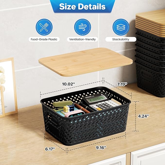 Anysig 8 Packs Plastic Storage Bins with Bamboo Lids - Stackable Storage Bins Decorative Small Basket Containers for Organizi