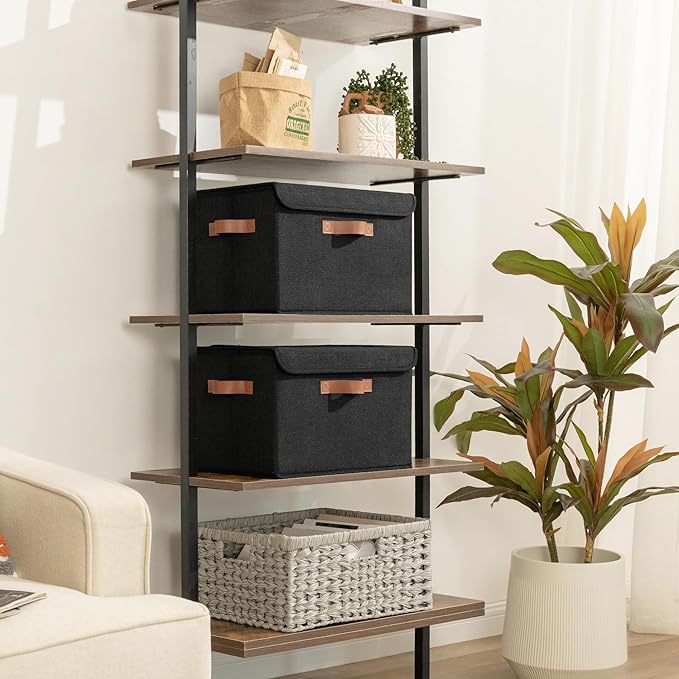 GRANNY SAYS Storage Bins with Lids, Decorative Storage Boxes with PU Handles, Black Storage Bin, Linen Closet Organizer, Shel