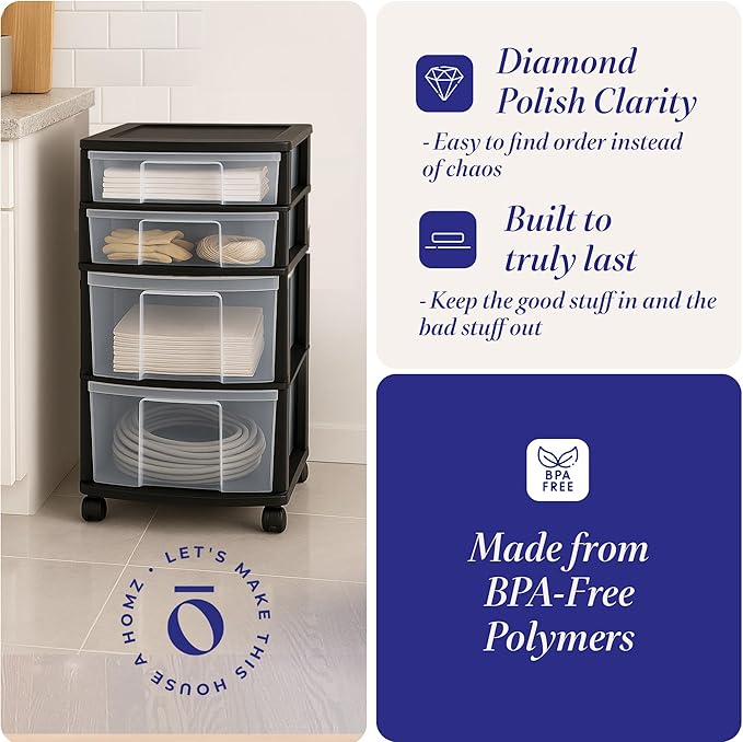 HOMZ Drawer Tower, 4-Tier Clear Plastic Storage Organizer Cart, Black Frame - Multi-Purpose Rolling Drawers with Wheels for B