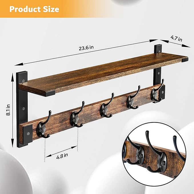 Oraich Coat Rack Wall Mount with Hooks and Shelf for Coat, Backpack, Key, Clothes Hanger, Wall Floating Shelf for Entryway, L